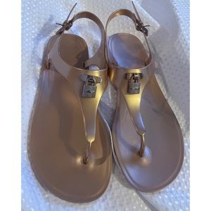 MICHAEL KORS-Sondra-Black Jelly-Gold Logo-Slingback Thong Sandals-Sz 10